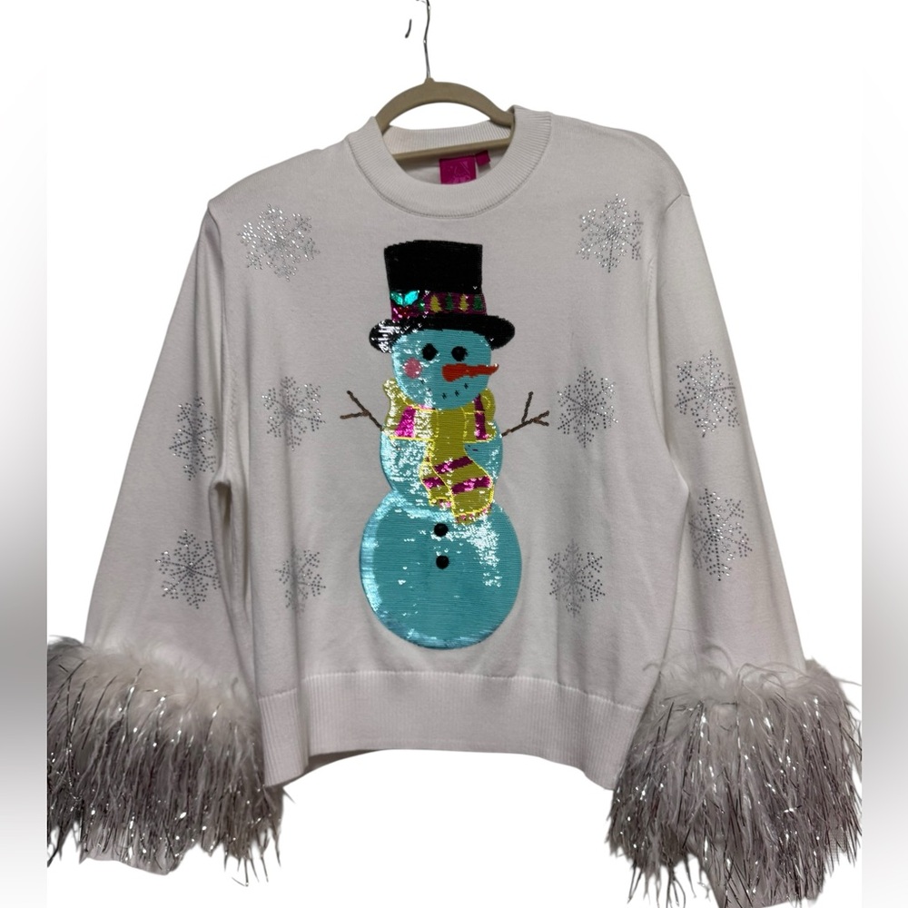 QUEEN OF SPARKLES White Sequin Snowman Crewneck with Feather Cuffs NWOT SIZE S